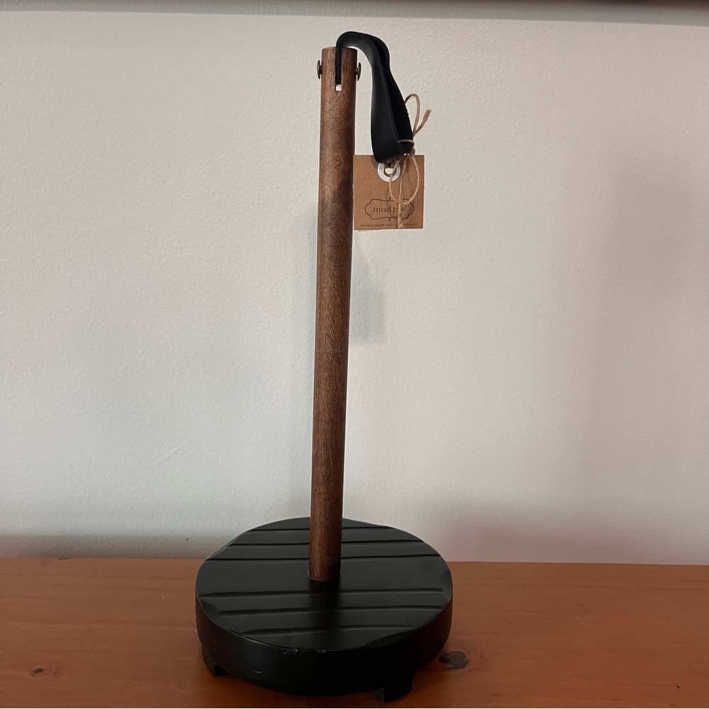 MUDPIE NWT Wooden Paper Towel Holder with Black Base and Faux Leather Detail